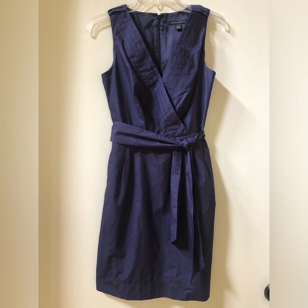 BANANA REPUBLIC 100% Cotton Navy V-Neck Pleated Sheath Wrap Front Midi Dress 4P